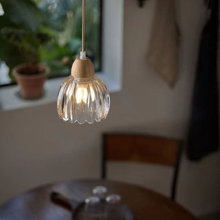 Suspension en verre de style pastoral rétro, plafonnier décoratif en bois d'hévéa Suspension en verre de style pastoral rétro, plafonnier décoratif en bois d'hévéa