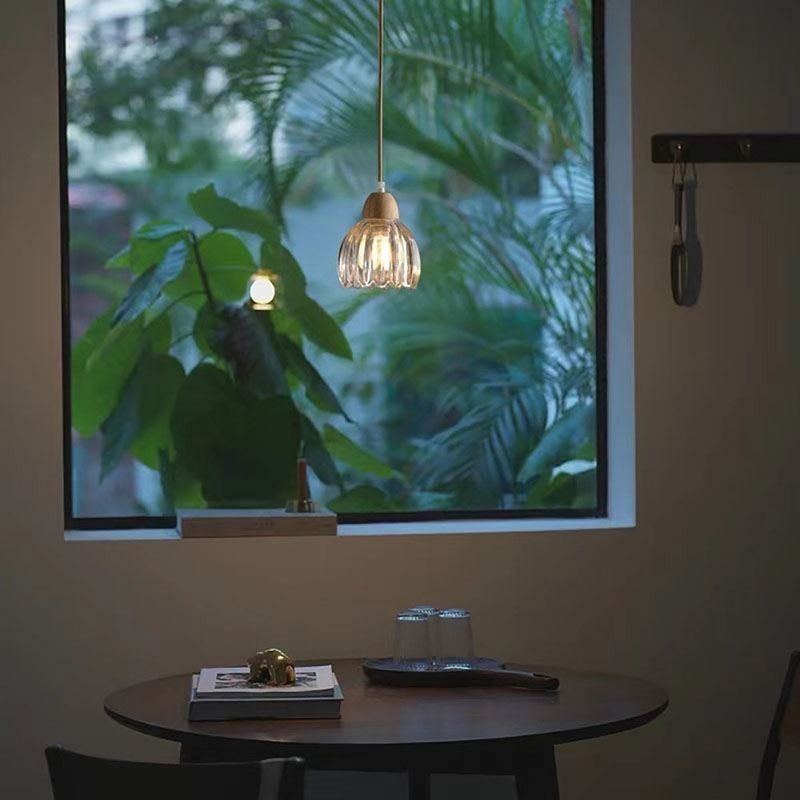 Suspension en verre de style pastoral rétro, plafonnier décoratif en bois d'hévéa