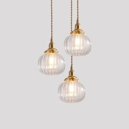 Suspension en verre transparent, ronde et nervurée, en forme de citrouille, 1 lumière
