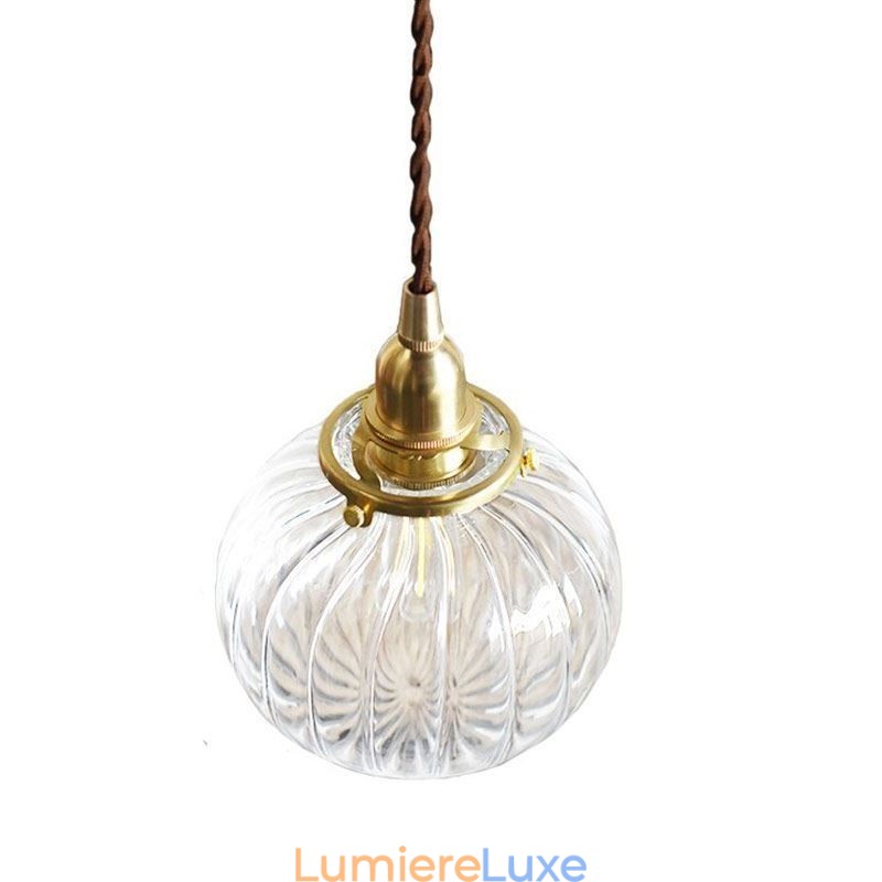 Suspension en verre transparent, ronde et nervurée, en forme de citrouille, 1 lumière