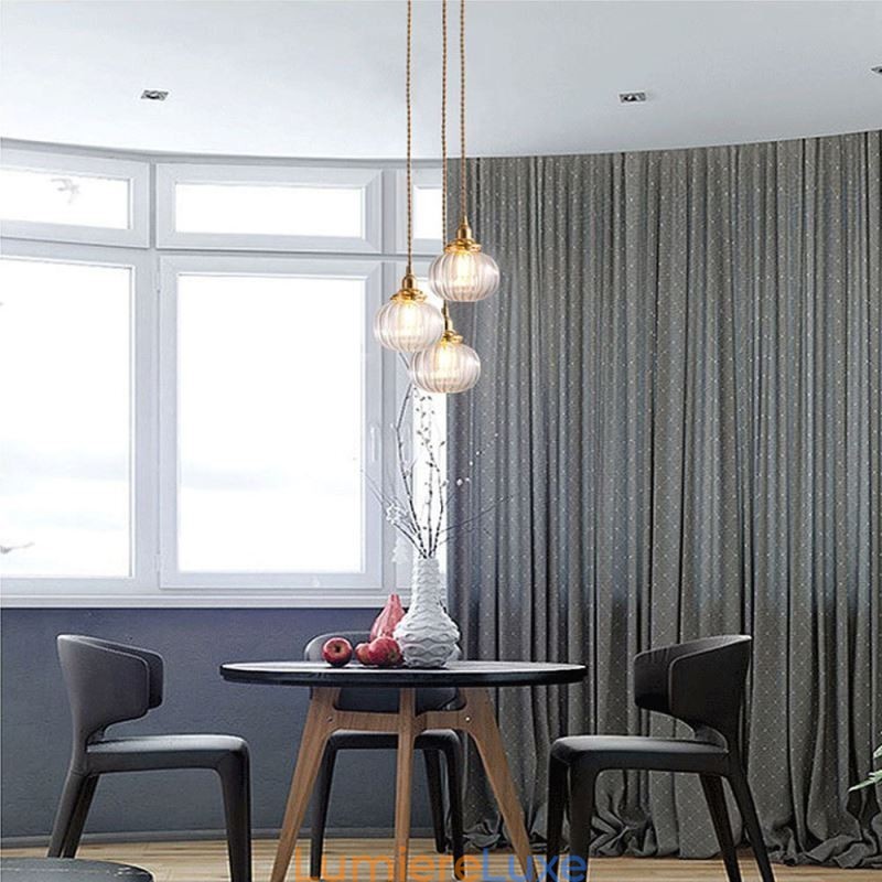 Suspension en verre transparent, ronde et nervurée, en forme de citrouille, 1 lumière