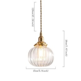 Suspension en verre transparent, ronde et nervurée, en forme de citrouille, 1 lumière