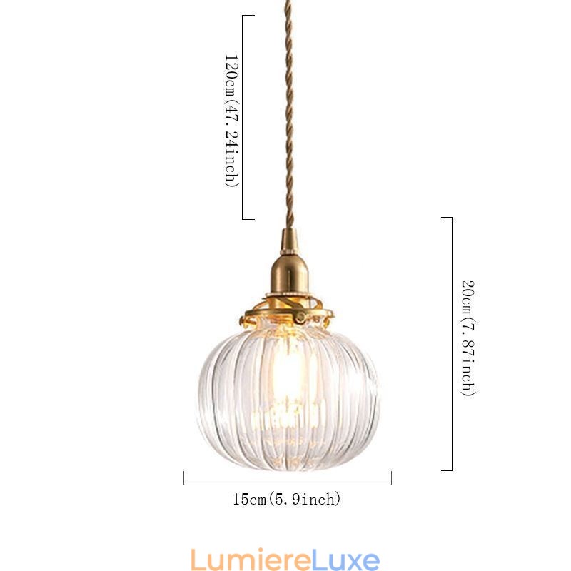 Suspension en verre transparent, ronde et nervurée, en forme de citrouille, 1 lumière