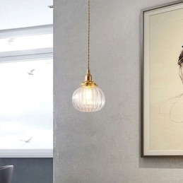 Suspension en verre transparent, ronde et nervurée, en forme de citrouille, 1 lumière