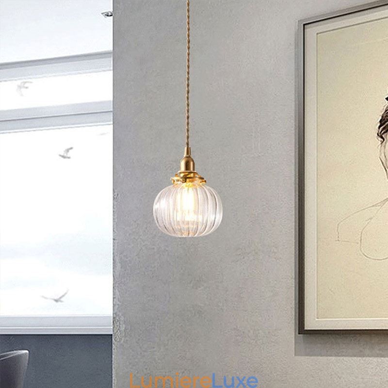 Suspension en verre transparent, ronde et nervurée, en forme de citrouille, 1 lumière