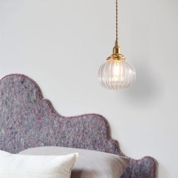 Suspension en verre transparent, ronde et nervurée, en forme de citrouille, 1 lumière