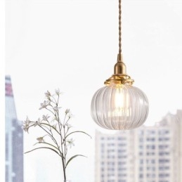 Suspension en verre transparent, ronde et nervurée, en forme de citrouille, 1 lumière