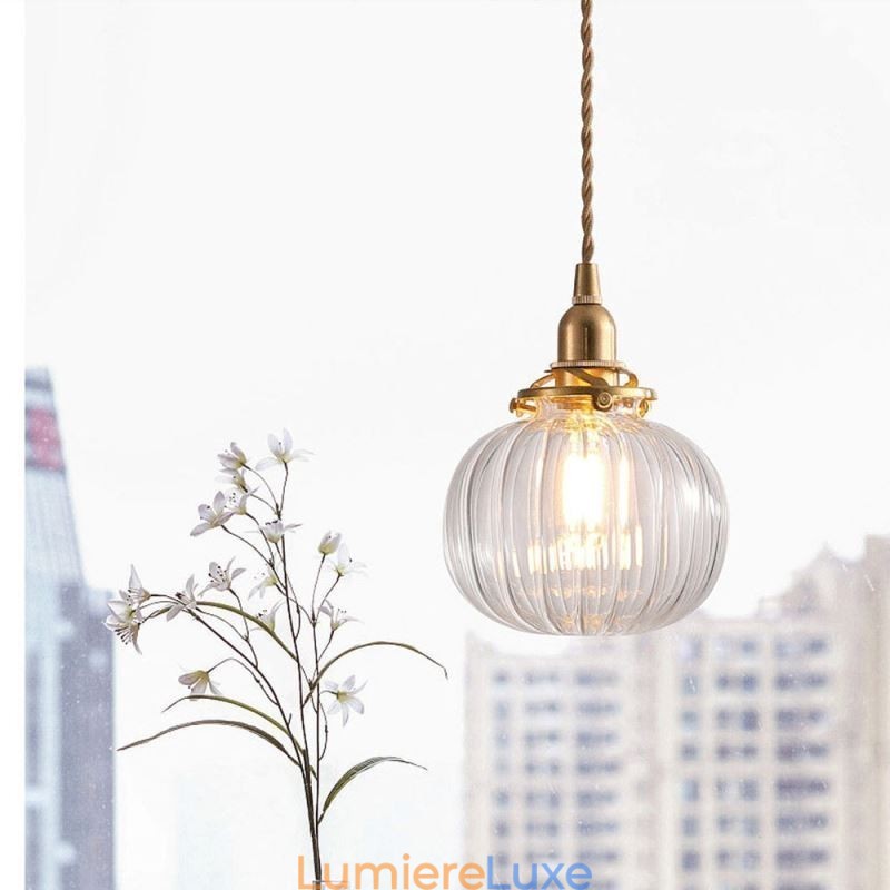 Suspension en verre transparent, ronde et nervurée, en forme de citrouille, 1 lumière