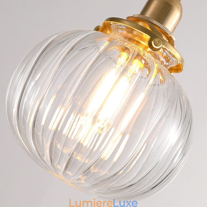 Suspension en verre transparent, ronde et nervurée, en forme de citrouille, 1 lumière