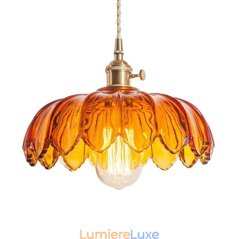 Lampe suspendue moderne en verre rétro avec abat-jour en forme de fleur et interrupteur rotatif