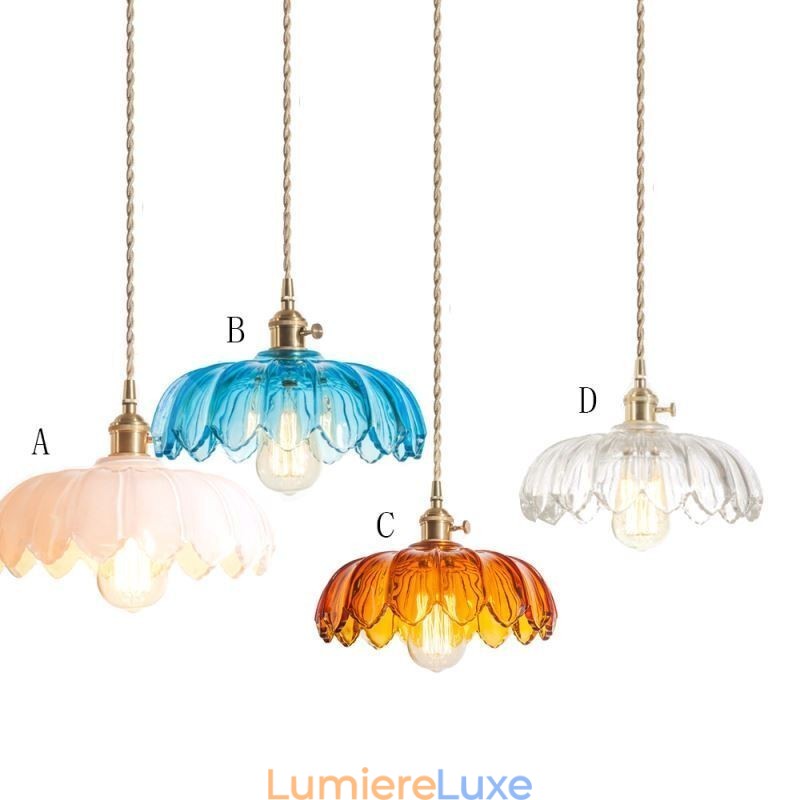 Lampe suspendue moderne en verre rétro avec abat-jour en forme de fleur et interrupteur rotatif