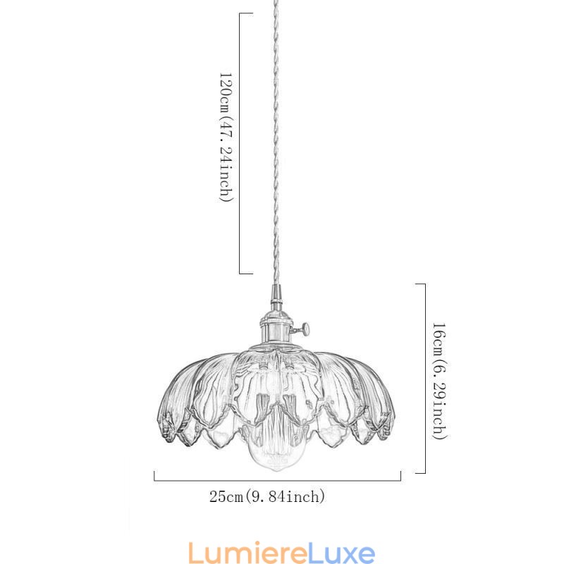 Lampe suspendue moderne en verre rétro avec abat-jour en forme de fleur et interrupteur rotatif