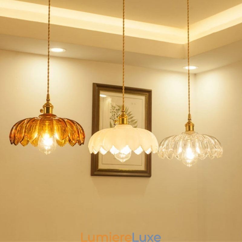 Lampe suspendue moderne en verre rétro avec abat-jour en forme de fleur et interrupteur rotatif