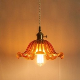 Lampe suspendue vintage en verre strié coloré avec abat-jour en forme de fleur et interrupteur rotatif