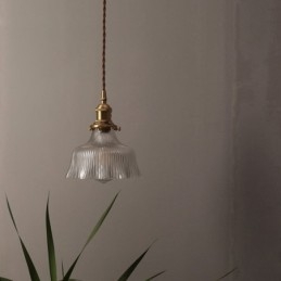 Suspension en verre transparent côtelé de grande taille avec support en laiton et interrupteur rotatif
