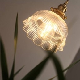 Suspension en verre transparent côtelé de grande taille avec support en laiton et interrupteur rotatif