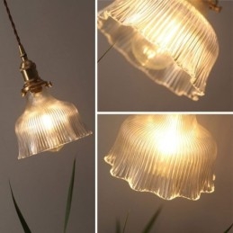 Suspension en verre transparent côtelé de grande taille avec support en laiton et interrupteur rotatif