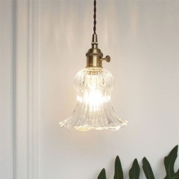 Lampe suspendue en verre transparent côtelé en forme de fleur avec interrupteur rotatif