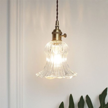 Lampe suspendue en verre transparent côtelé en forme de fleur avec interrupteur rotatif Lampe suspendue en verre transparent côtelé en forme de fleur avec interrupteur rotatif