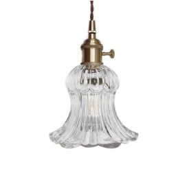 Lampe suspendue en verre transparent côtelé en forme de fleur avec interrupteur rotatif