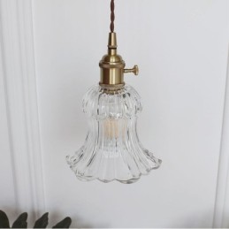 Lampe suspendue en verre transparent côtelé en forme de fleur avec interrupteur rotatif