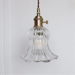 Lampe suspendue en verre transparent côtelé en forme de fleur avec interrupteur rotatif
