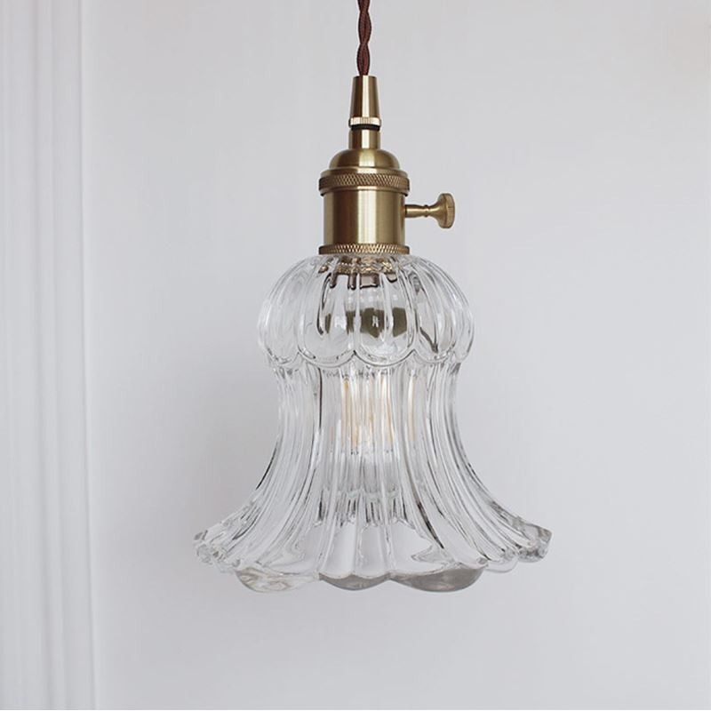 Lampe suspendue en verre transparent côtelé en forme de fleur avec interrupteur rotatif