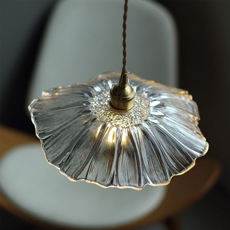 Lampe suspendue en verre transparent nervuré à motif de feuille de lotus pour séjour chez l'habitant