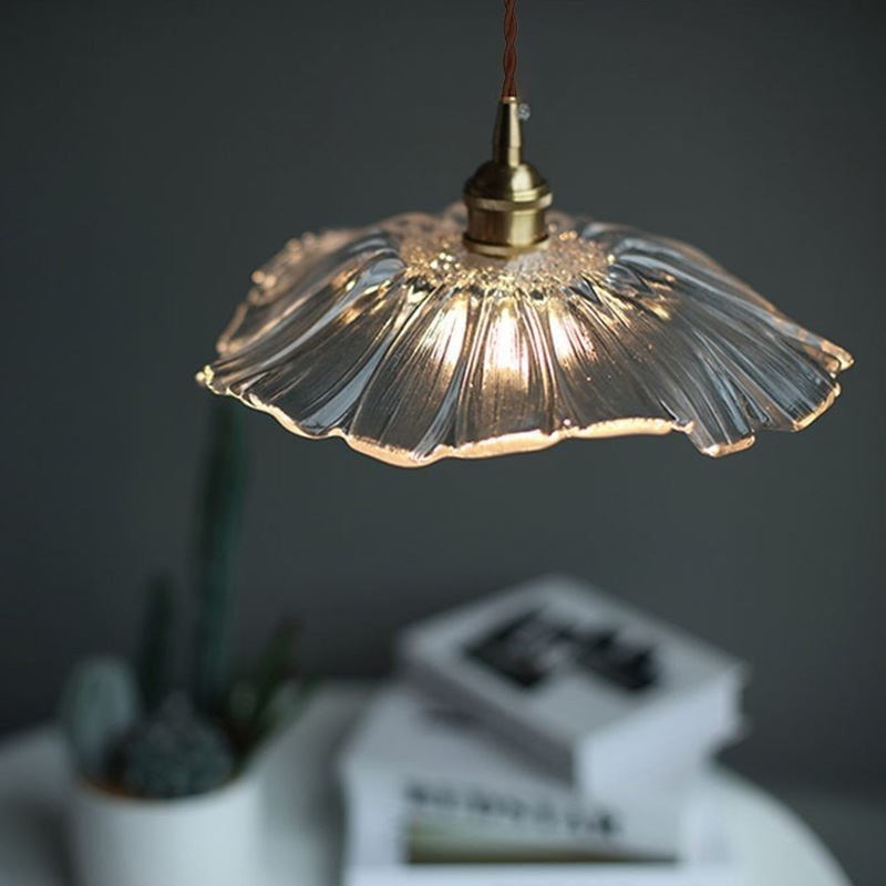 Lampe suspendue en verre transparent nervuré à motif de feuille de lotus pour séjour chez l'habitant