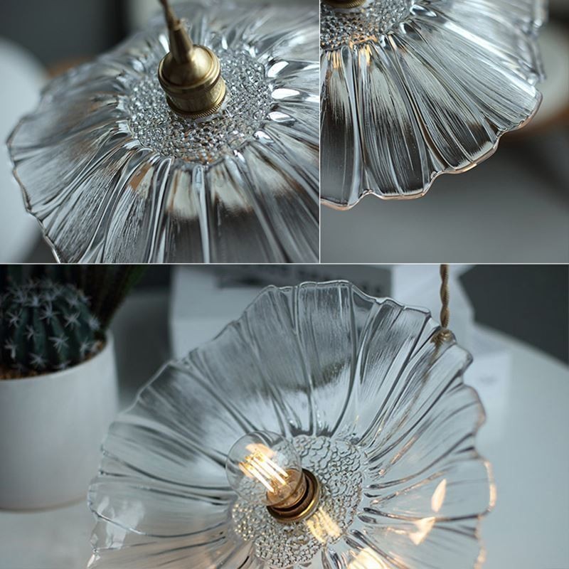 Lampe suspendue en verre transparent nervuré à motif de feuille de lotus pour séjour chez l'habitant