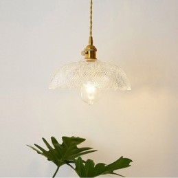 Grand plafonnier en verre transparent nervuré avec interrupteur rotatif pour éclairage domestique, lumière apaisante et chaleureuse