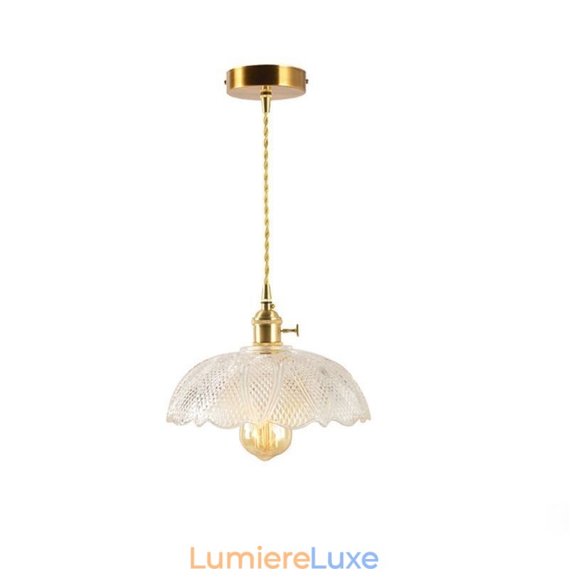 Grand plafonnier en verre transparent nervuré avec interrupteur rotatif pour éclairage domestique, lumière apaisante et chaleureuse