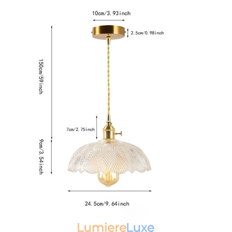 Grand plafonnier en verre transparent nervuré avec interrupteur rotatif pour éclairage domestique, lumière apaisante et chaleureuse