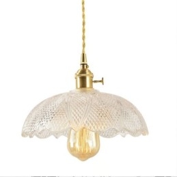 Grand plafonnier en verre transparent nervuré avec interrupteur rotatif pour éclairage domestique, lumière apaisante et chaleureuse