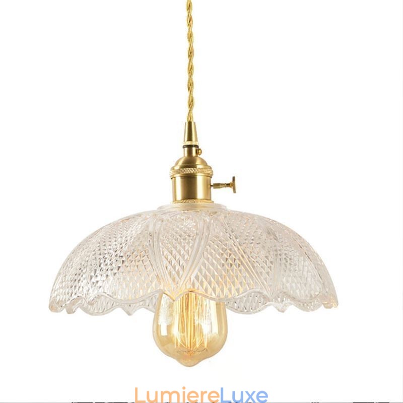 Grand plafonnier en verre transparent nervuré avec interrupteur rotatif pour éclairage domestique, lumière apaisante et chaleureuse