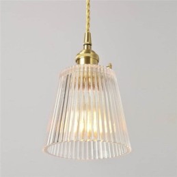 Suspension conique en verre nervuré et laiton avec interrupteur rotatif
