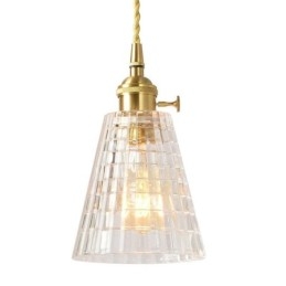 Suspension carrée en verre transparent nervuré, lampe en laiton avec interrupteur rotatif