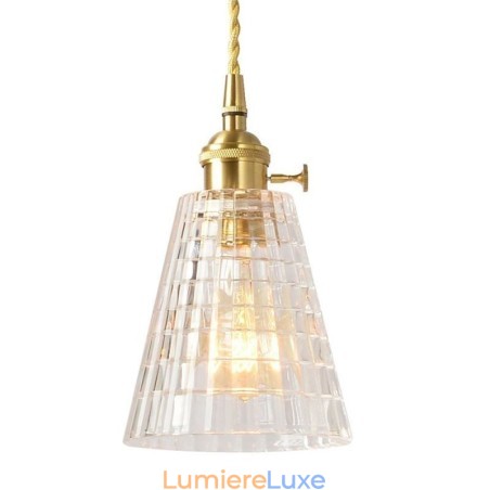 Suspension carrée en verre transparent nervuré, lampe en laiton avec interrupteur rotatif Suspension carrée en verre transparent nervuré, lampe en laiton avec interrupteur rotatif