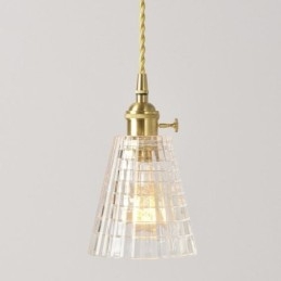 Suspension carrée en verre transparent nervuré, lampe en laiton avec interrupteur rotatif