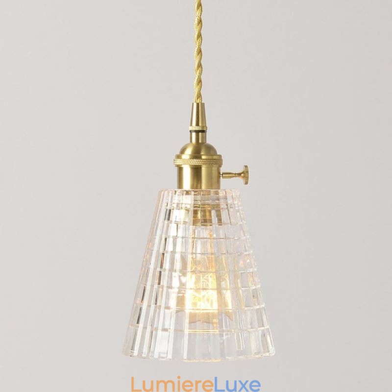 Suspension carrée en verre transparent nervuré, lampe en laiton avec interrupteur rotatif