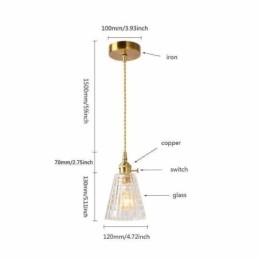 Suspension carrée en verre transparent nervuré, lampe en laiton avec interrupteur rotatif