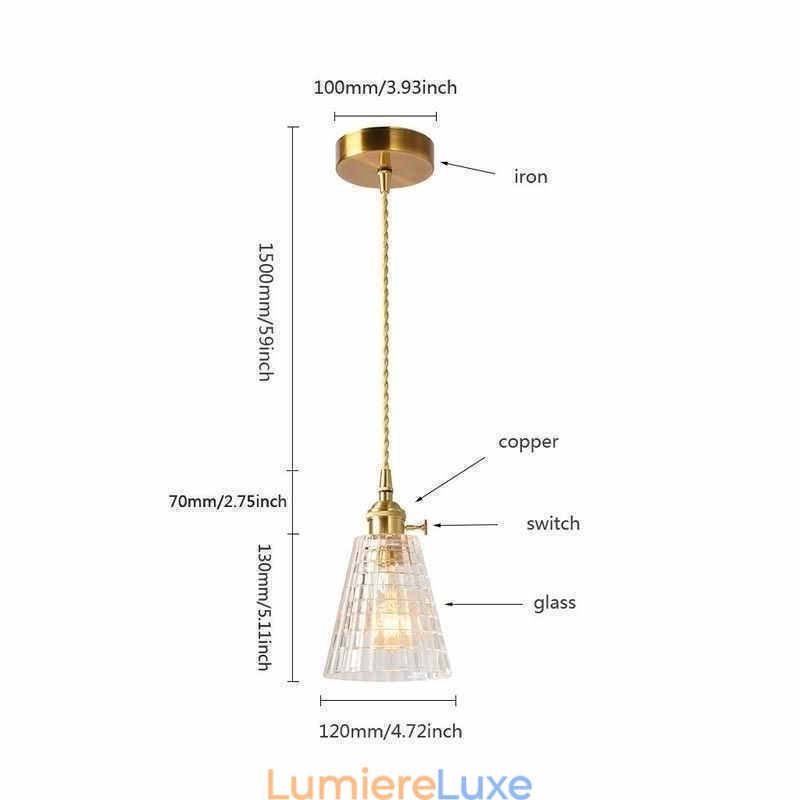 Suspension carrée en verre transparent nervuré, lampe en laiton avec interrupteur rotatif