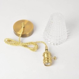 Suspension carrée en verre transparent nervuré, lampe en laiton avec interrupteur rotatif