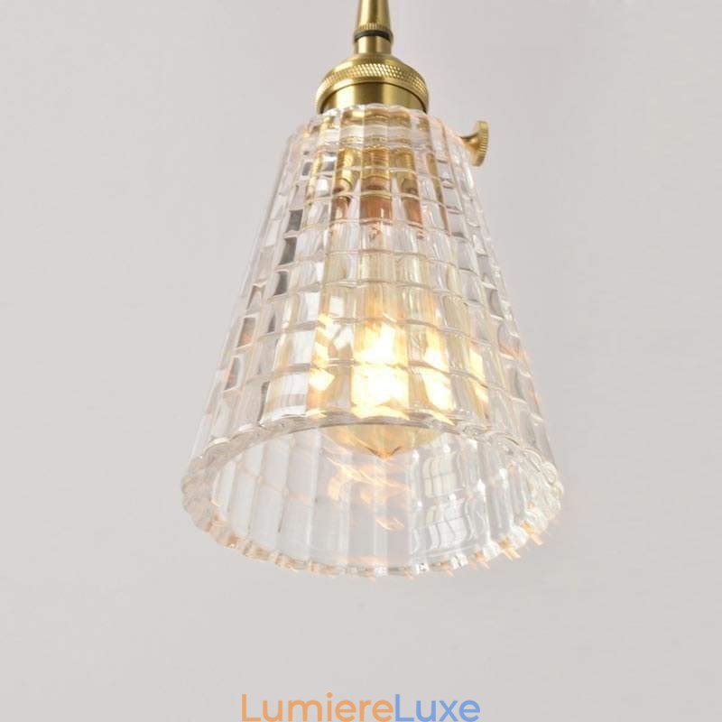 Suspension carrée en verre transparent nervuré, lampe en laiton avec interrupteur rotatif