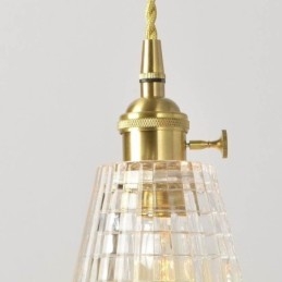 Suspension carrée en verre transparent nervuré, lampe en laiton avec interrupteur rotatif