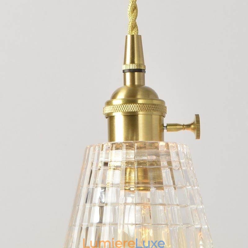 Suspension carrée en verre transparent nervuré, lampe en laiton avec interrupteur rotatif