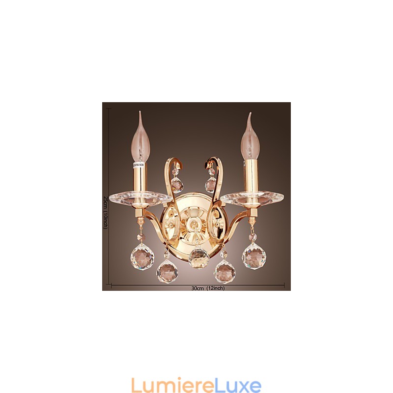 Applique murale en cristal doré à 2 lumières
