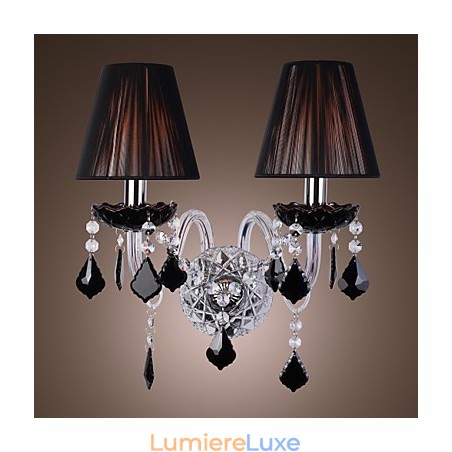 Applique murale en cristal à 2 lumières avec abat-jour en tissu Applique murale en cristal à 2 lumières avec abat-jour en tissu