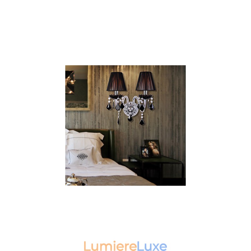 Applique murale en cristal à 2 lumières avec abat-jour en tissu