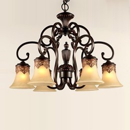 Lustre suspendu 6 lumières, abat-jour vers le bas, style vintage, style campagne, métal et verre